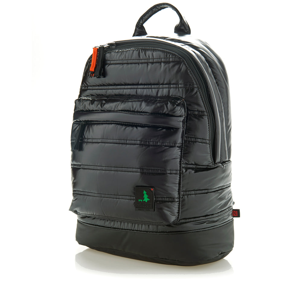Mueslii original puffer laptop backpack made of high density nylon and Ykk zips, color black shiny, side view.