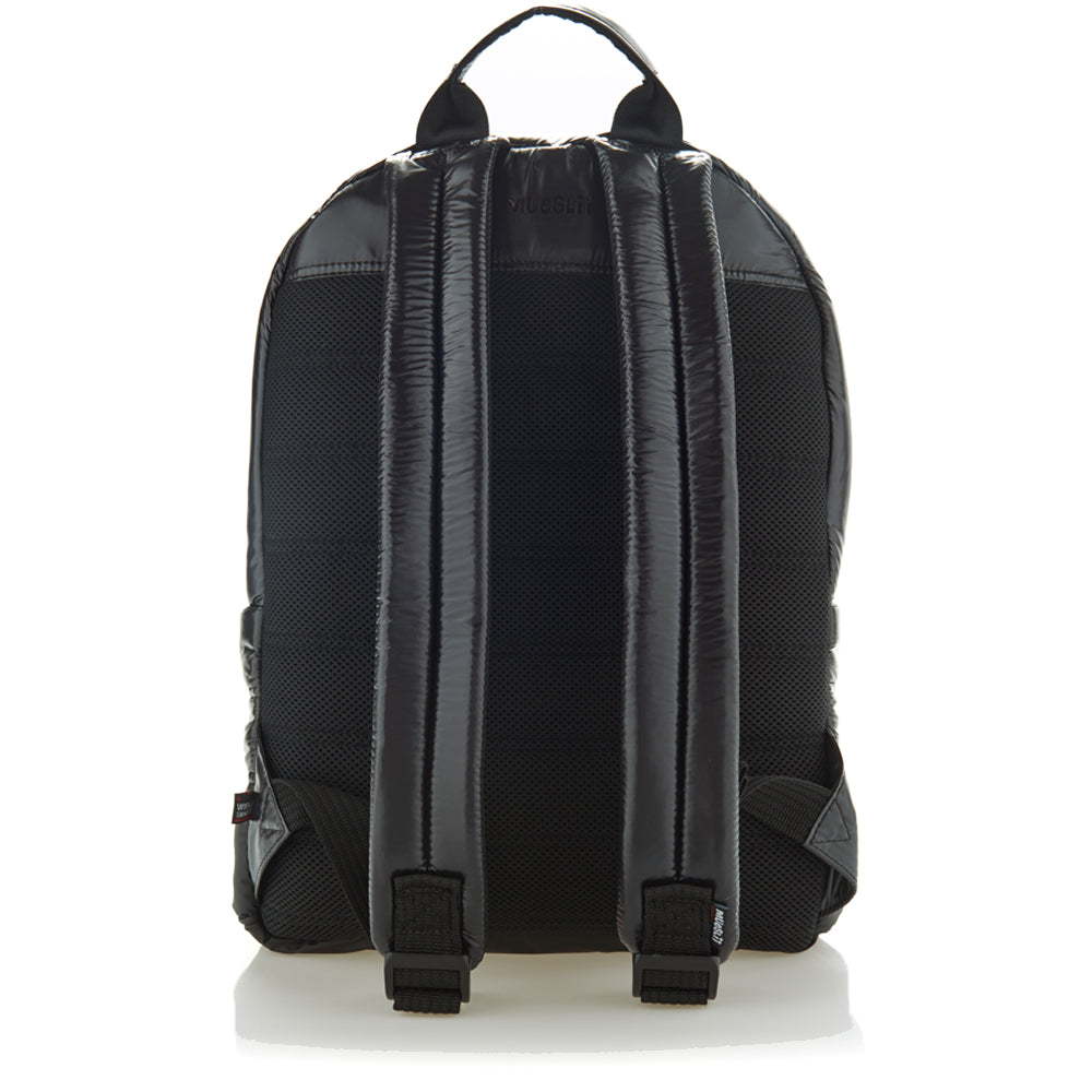 Mueslii original puffer laptop backpack made of high density nylon and Ykk zips, color black shiny, back view.