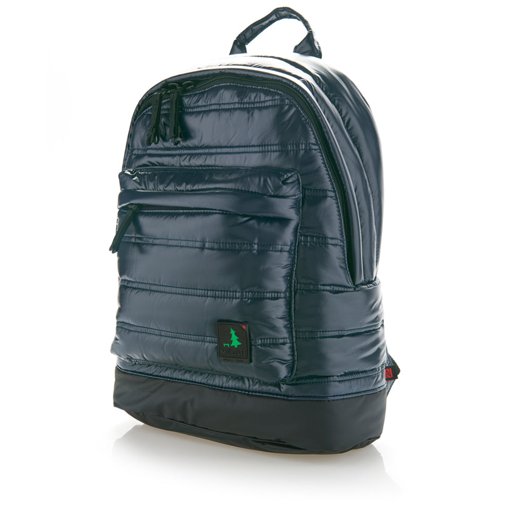 Mueslii original puffer laptop backpack made of high density nylon and Ykk zips, color blue shiny, zippered front pocket & inner pocket.