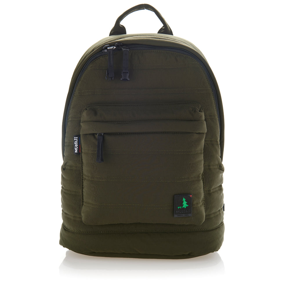 Mueslii original puffer laptop backpack made of high density nylon and Ykk zips, color dark khaki,  front view.