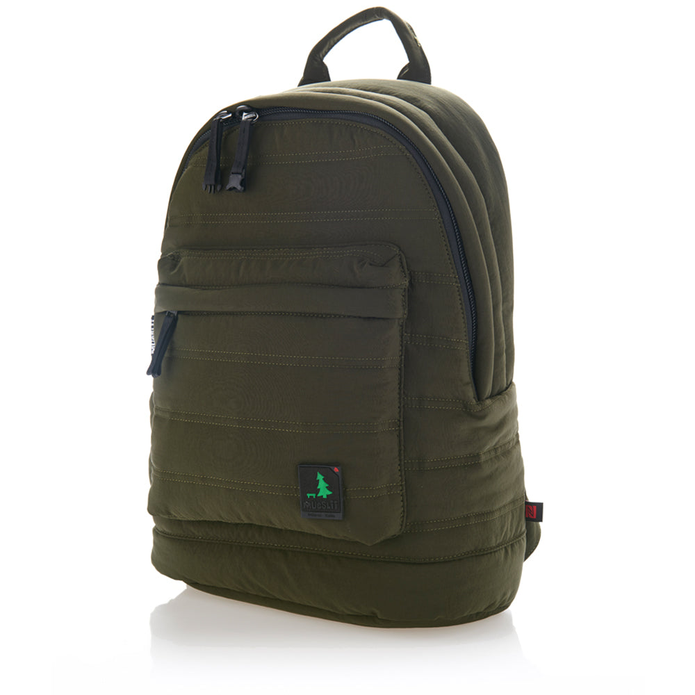 Mueslii original puffer laptop backpack made of high density nylon and Ykk zips, color dark khaki, fits laptop/ tablet up to 15".