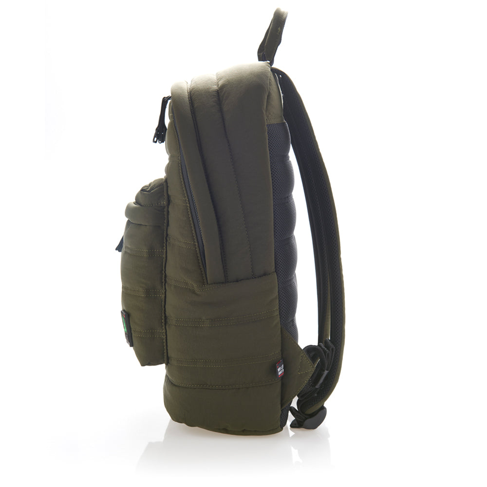 Mueslii original puffer laptop backpack made of high density nylon and Ykk zips, color dark khaki, side view.