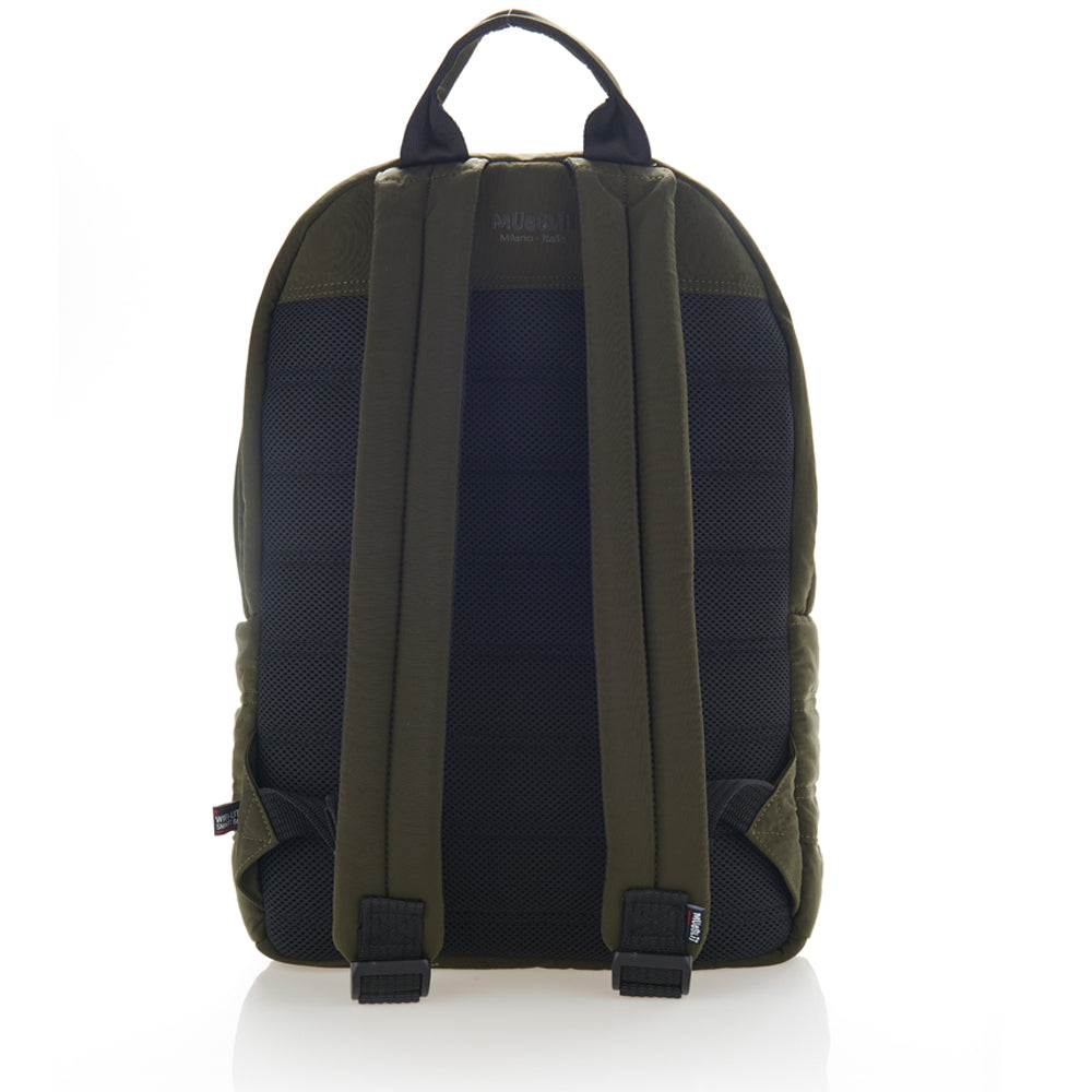 Mueslii original puffer laptop backpack made of high density nylon and Ykk zips, color dark khaki , back view, perfect backpack for school and leisure.