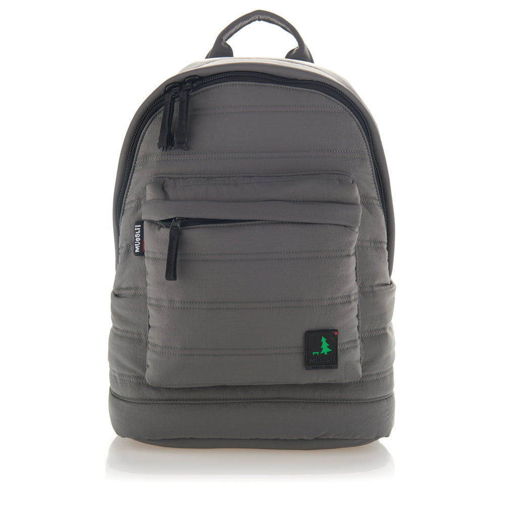 Mueslii original puffer laptop backpack made of high density nylon and Ykk zips, color grey, front view.