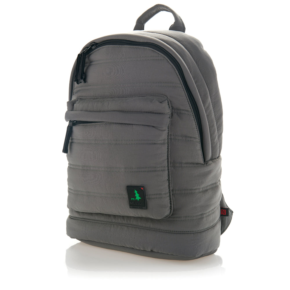 Mueslii original puffer laptop backpack made of high density nylon and Ykk zips, color grey, extra security fastening clip YKK zips.