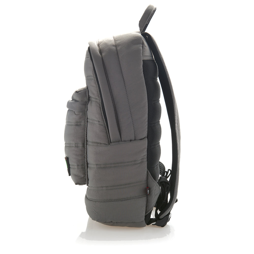Mueslii original puffer laptop backpack made of high density nylon and Ykk zips, color grey, side view.