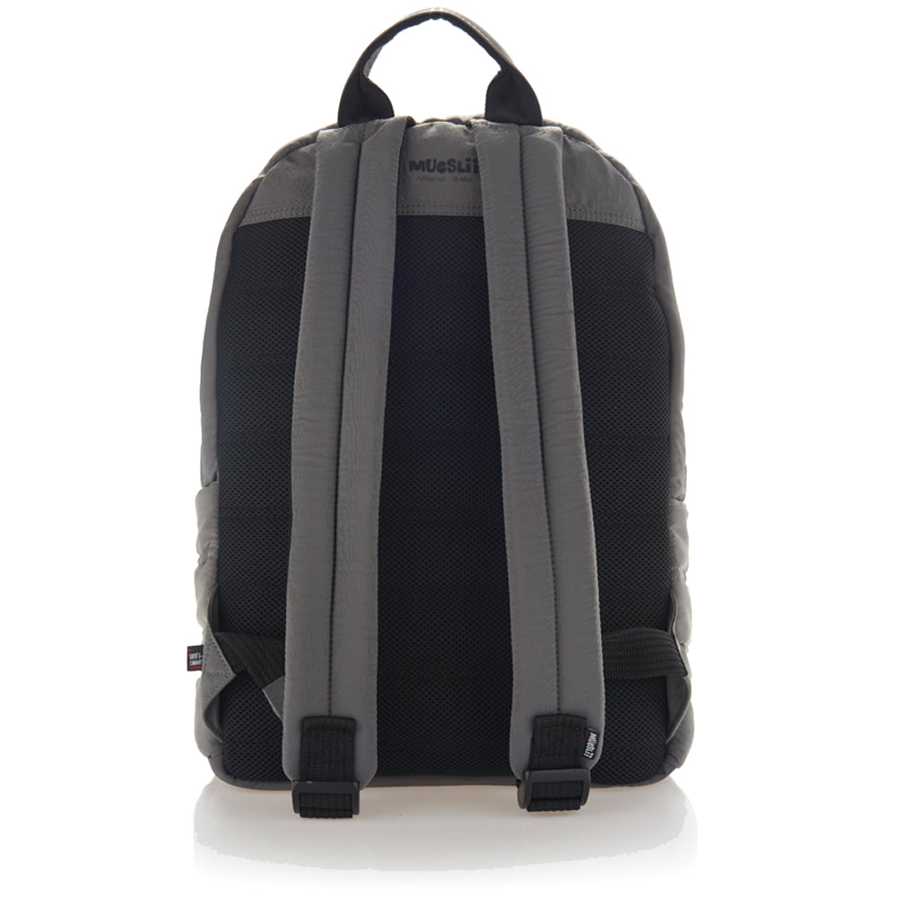 Mueslii original puffer laptop backpack made of high density nylon and Ykk zips, color grey, back side.
