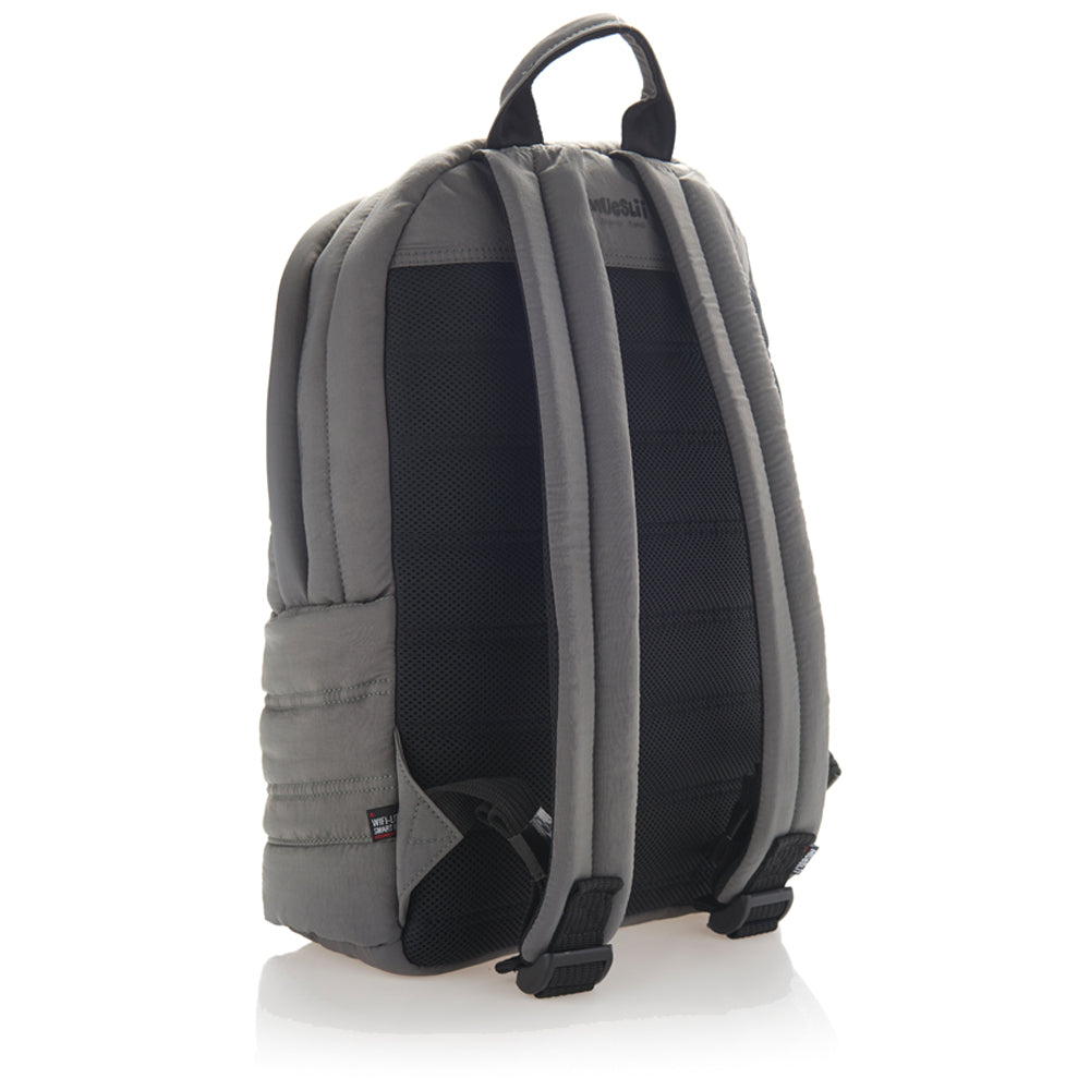 Mueslii original puffer laptop backpack made of high density nylon and Ykk zips, color grey, Inner zippered pocket.