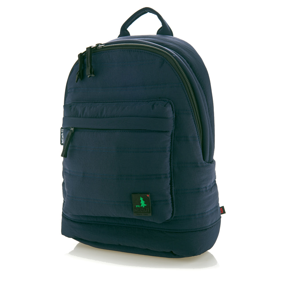 Mueslii original puffer laptop backpack made of high density nylon and Ykk zips, color matte blue, capacity 25 liters.