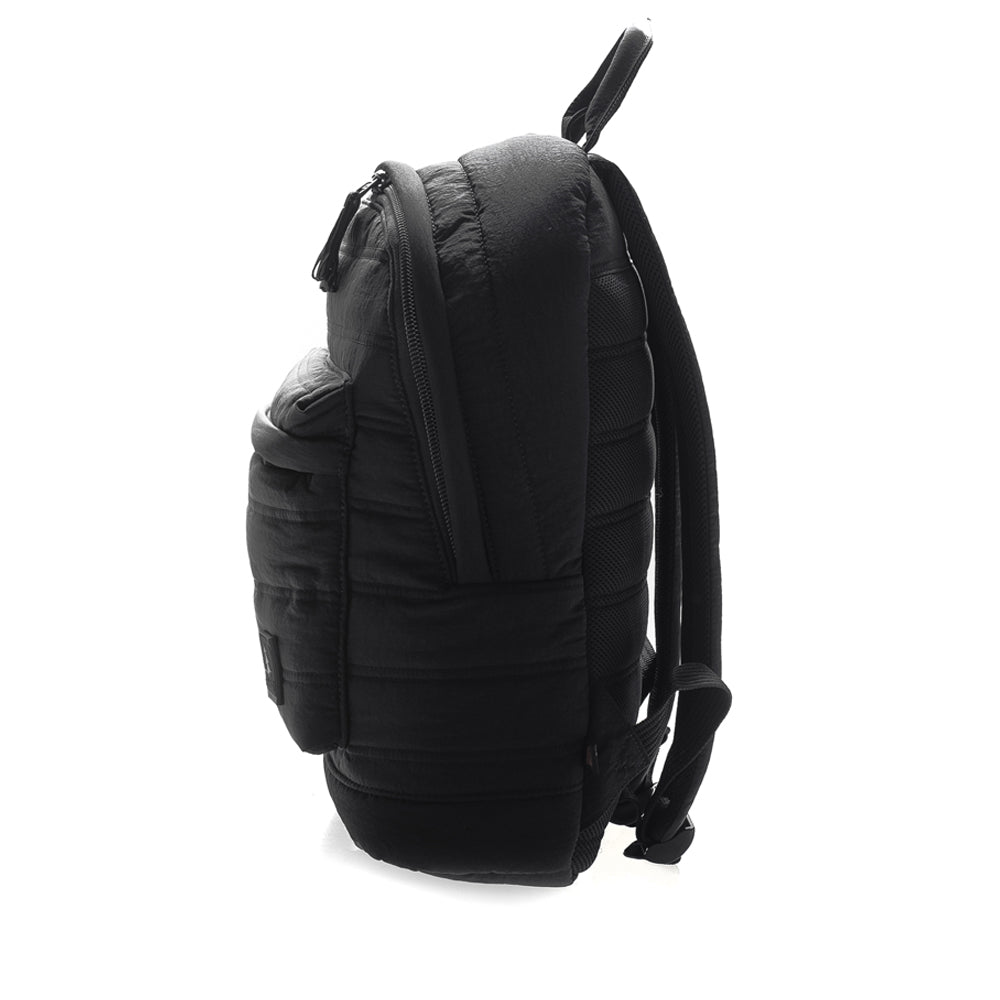 Mueslii original puffer laptop backpack made of high density nylon and Ykk zips, color matte black, side view.