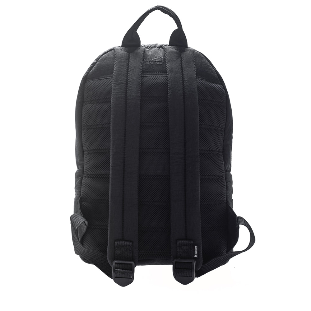 Mueslii original puffer laptop backpack made of high density nylon and Ykk zips, color matte black, back view.