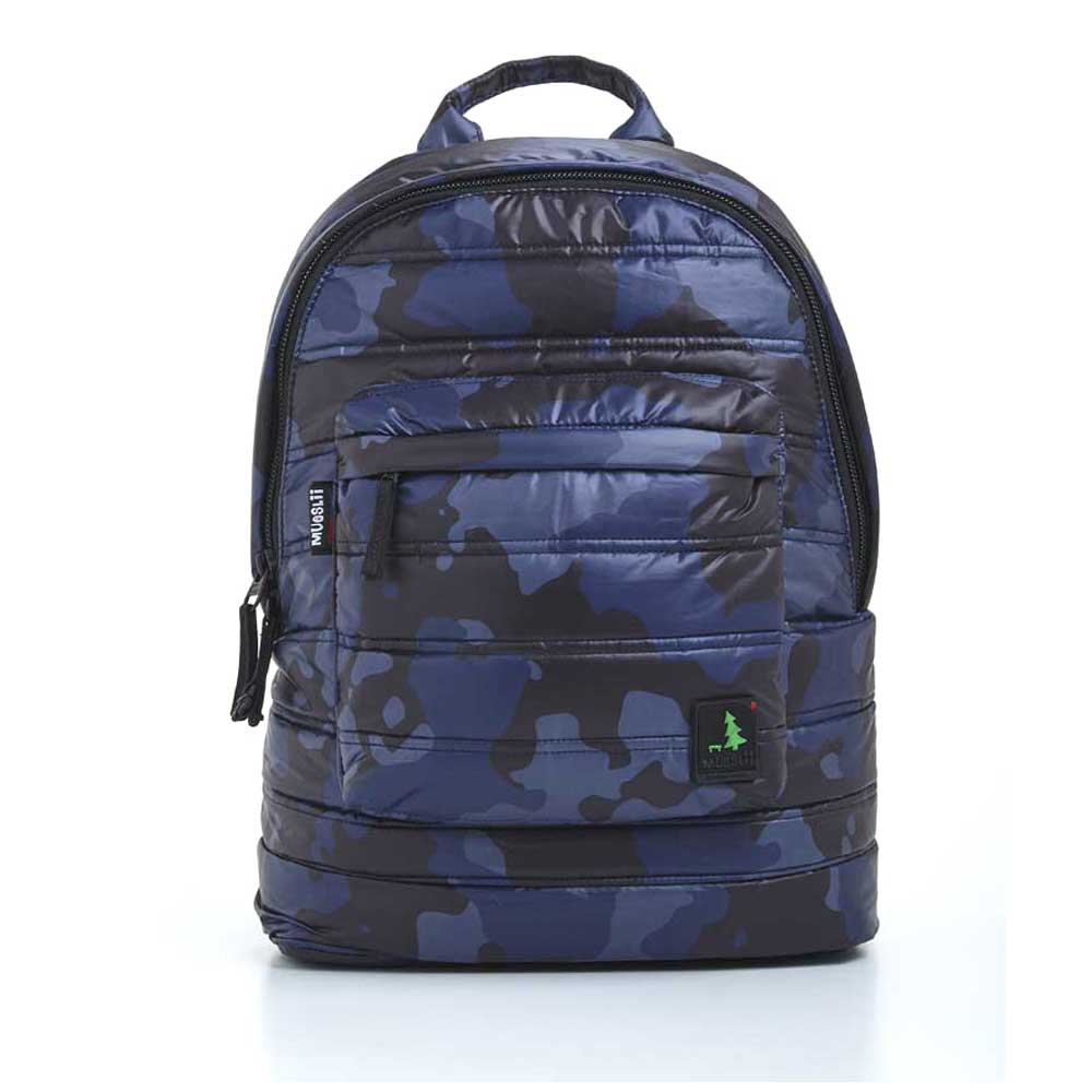 Mueslii original puffer laptop backpack made of high density nylon and Ykk zips, color navy camo, front view.