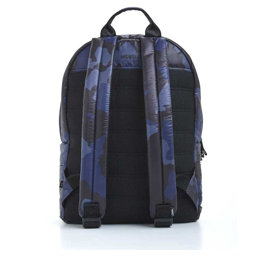 Mueslii original puffer laptop backpack made of high density nylon and Ykk zips, color navy camo, back view.