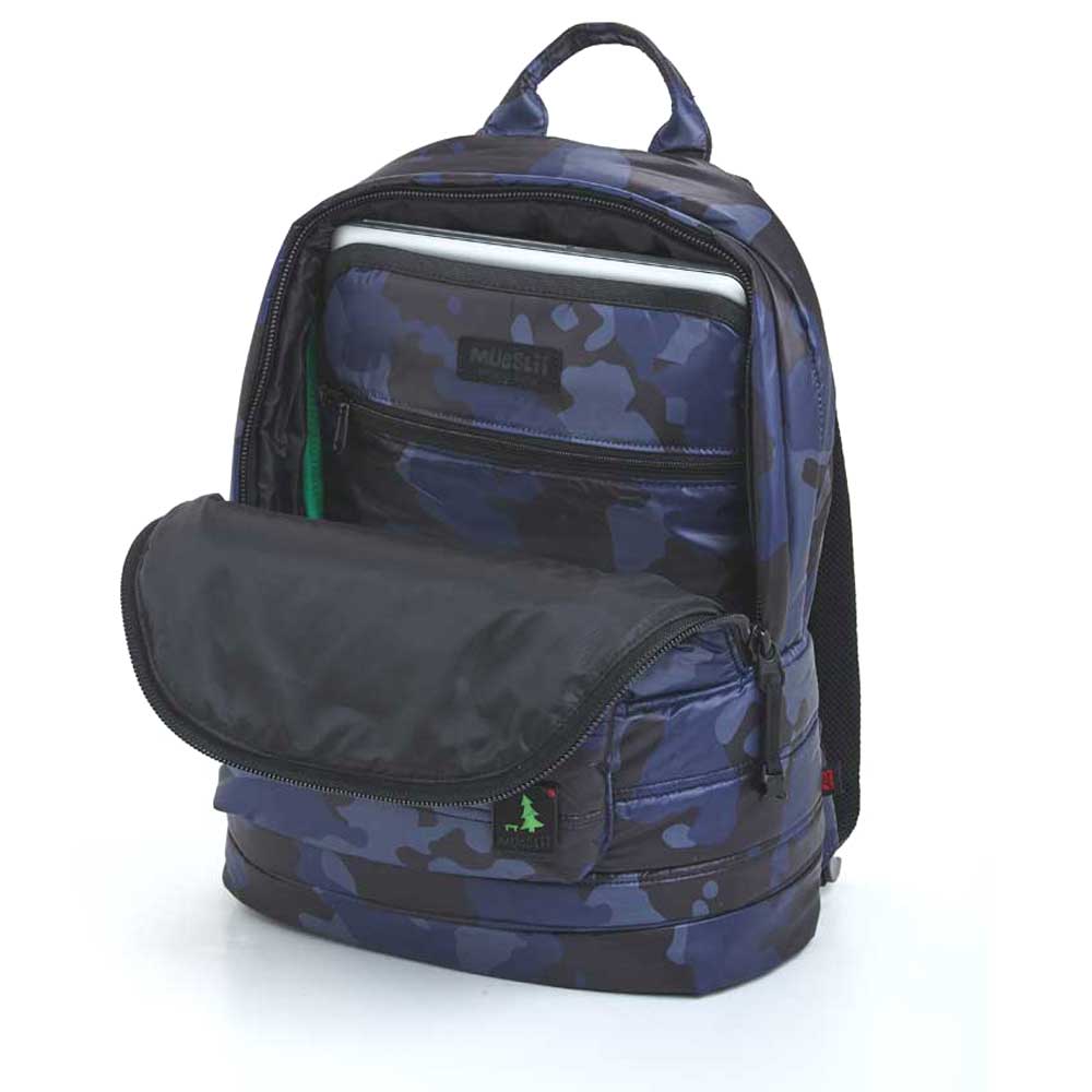 Mueslii original puffer laptop backpack made of high density nylon and Ykk zips, color navy camo, inside view.