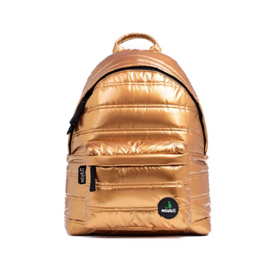 Mueslii original puffer daily backpack made of metal coated nylon and Ykk zips, color gold, front view.